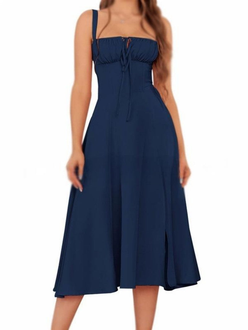 Solid Color Sling Lace-Up Dress